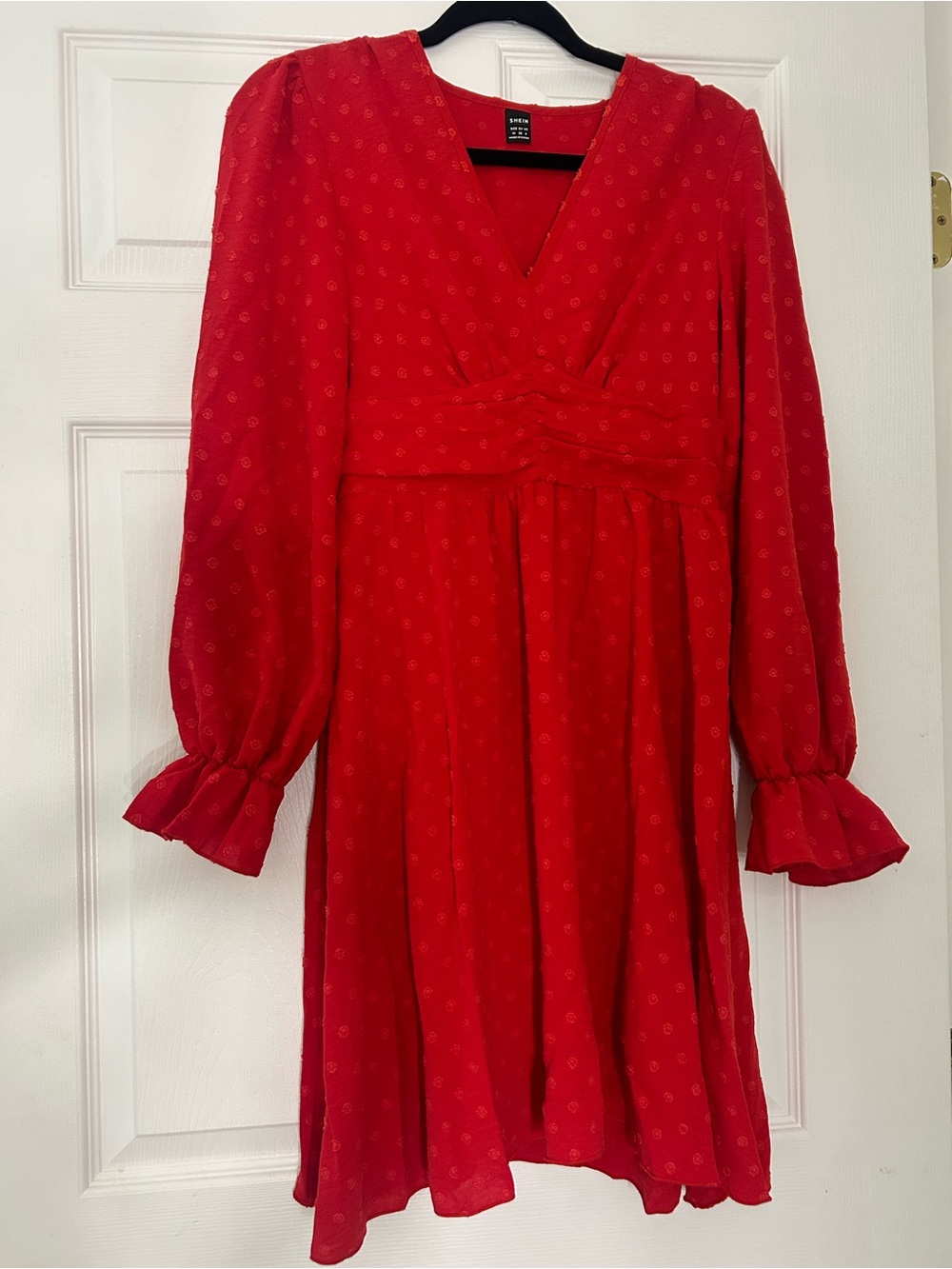 SHEIN Red V-Neck Long-Sleeve Empire Waist Dress